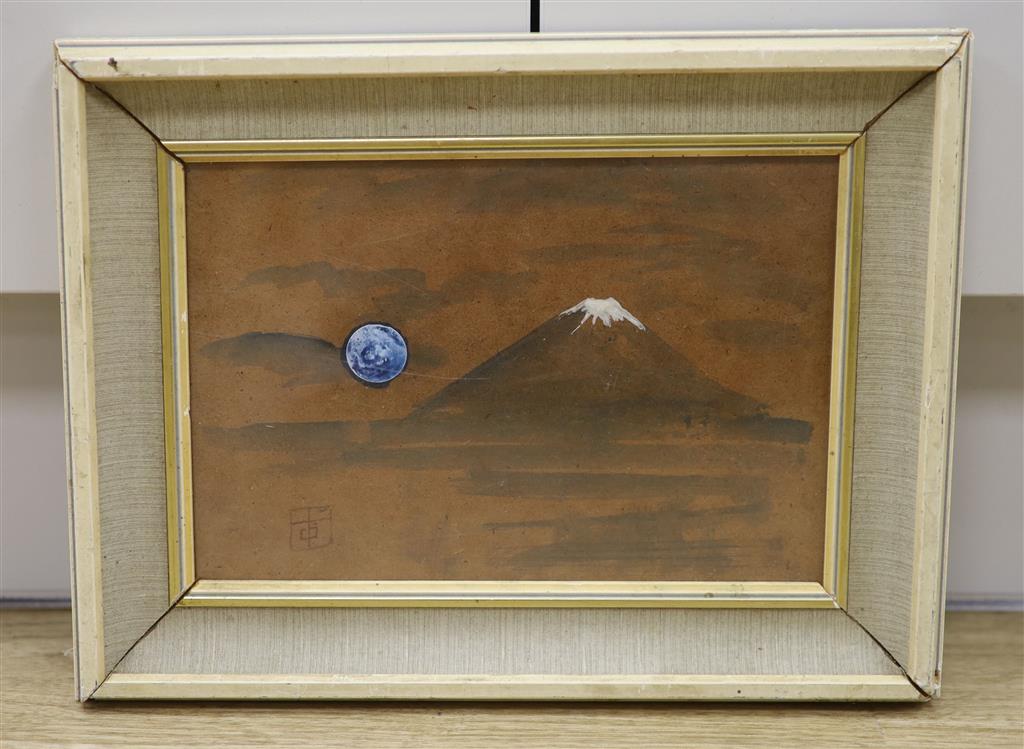 20th century Japanese School, gouache and watercolour, Moon and Mount Fuji, monogrammed, 16 x 24cm